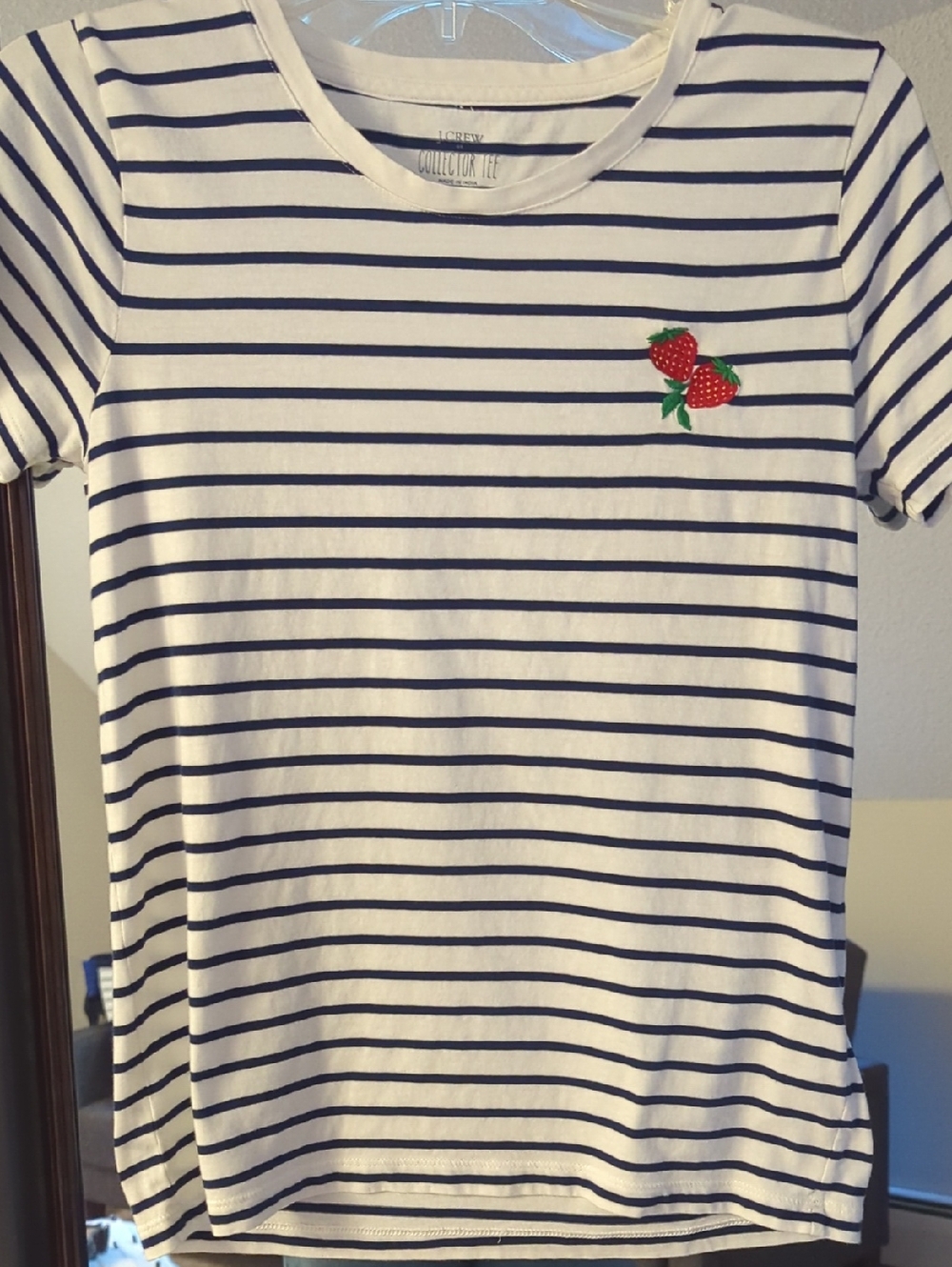 J. Crew Collector Tee White & Navy Striped Tee with Red Strawberry Patch Size S
